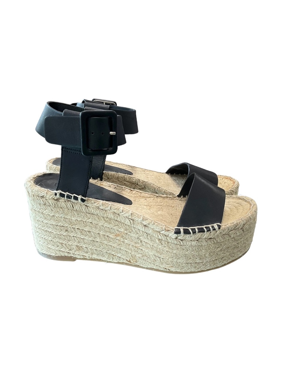 Vince Black Leather Platform Espadrille Sandals with Buckle Ankle Strap